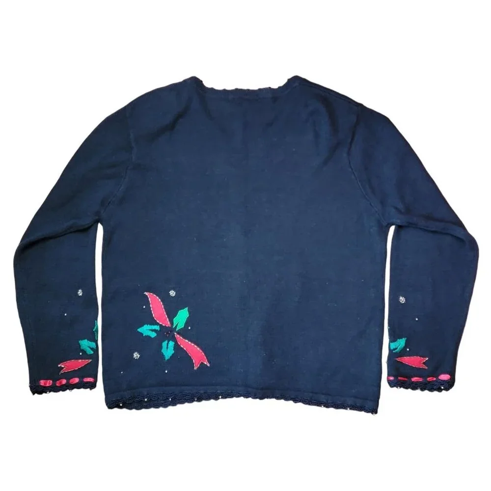 Arriviste Womens Christmas Cardigan Sweater XL Black Button Front Holiday Bows - Picture 5 of 5
